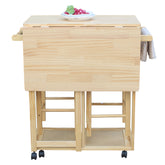 HAOYYE Square Solid Wood Folding Dining Cart with 2 Free Stools Expandable Drop Leaf Table with Drawers and Wheels for Small Spaces